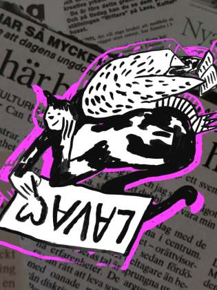 Illustration med Lavas logotyp mot ett collage av tidningsklipp om Lava.