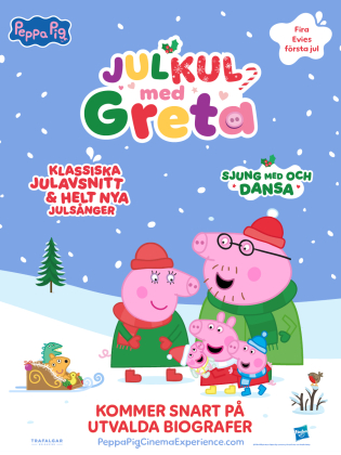 En animerad grisfamilj leker i snön.
