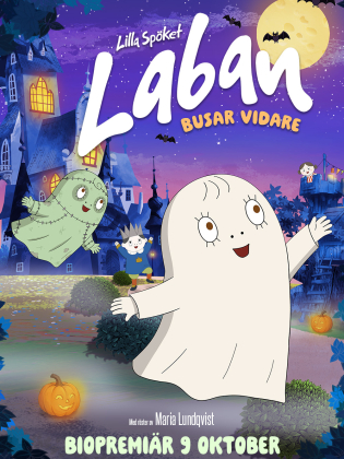Ett animerat litet spöke busar i månskenet.